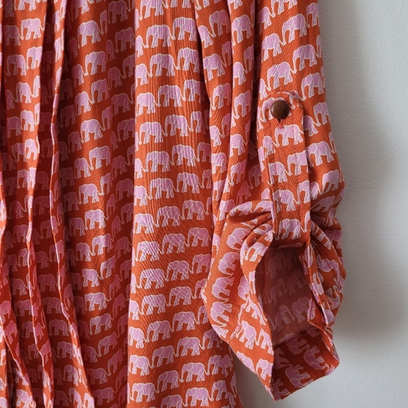 A.N.A. A New Approach Long Sleeve Blouse Orange + Pink Elephants Pleated Front - Picture 6 of 15